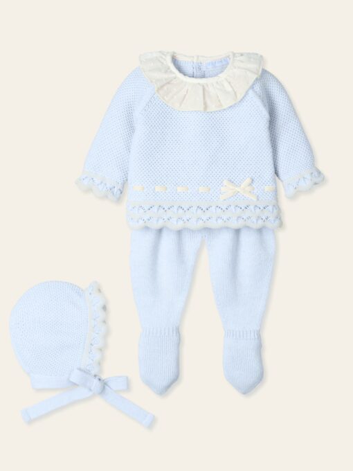 TRAJE 3P CANESÚ CUELLO PLUMETI Y CINTA TERCIOPELO "COBIJAR" ,Celeste